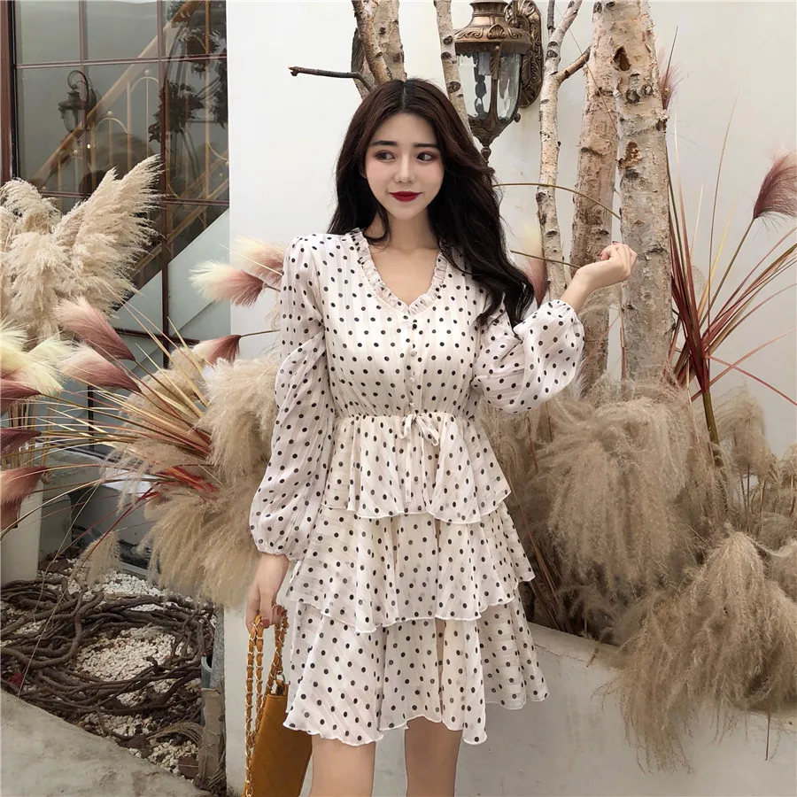 

spring autumn new vintage temperament ruffles v-neck long sleeve knee dress Korean Polka Dot Cake dresses fashion brand Women
