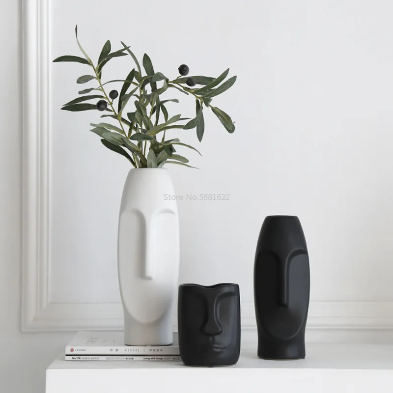

Nordic Minimalist Ceramic Abstract Vase Black and White Human Face Creative Display Room Figue Head Shape Tabletop Vase