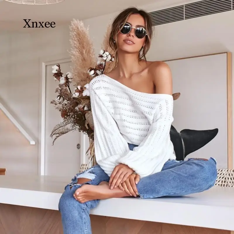 

New Spring Autumn Women Word Shoulder Sweater Female Loose Lantern Sleeves Ladies All-Match Pullovers Girl Elegant Knitted Top
