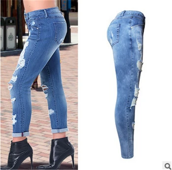 

New S-3XL super stretch blue ripped jeans ladies denim trousers female pencil pencil skinny jeans