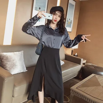 

2019 New Arrival Korean Two Piece Set Brand Designer RunawaySinger Button Blouse and Black Midi Skirt Ladies Fall 2 Piece Set
