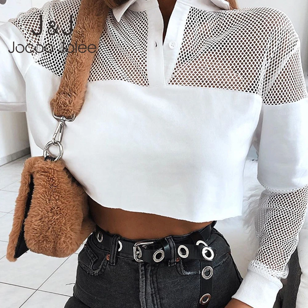 

Jocoo Jolee Women Sexy Hollow Out Long Sleeve Shirt Perspective Blouse Mesh Patchwork Crop Tops High Street Tee Shirt 2019