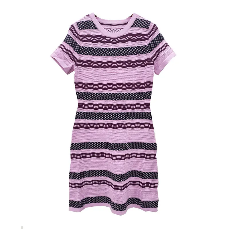 

2019 Summer High-End WOMEN'S Dress Geometry Wave Pattern Slimming Elegant Knit Striped Dress