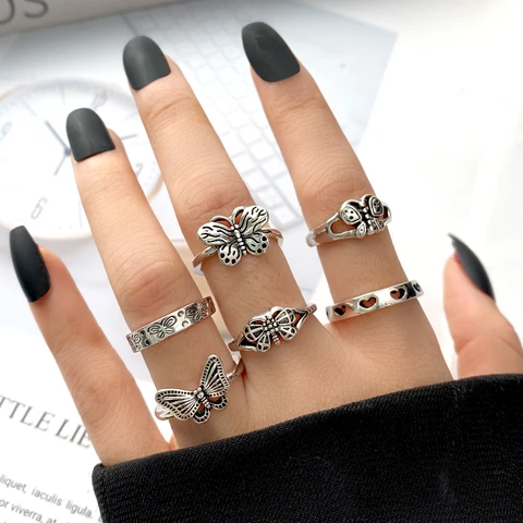 Gothic Heart Ring Set for Women Flame Pentagram Vintage Spades Ace Silver Plated Retro Charm Billiards Finger Jewelry