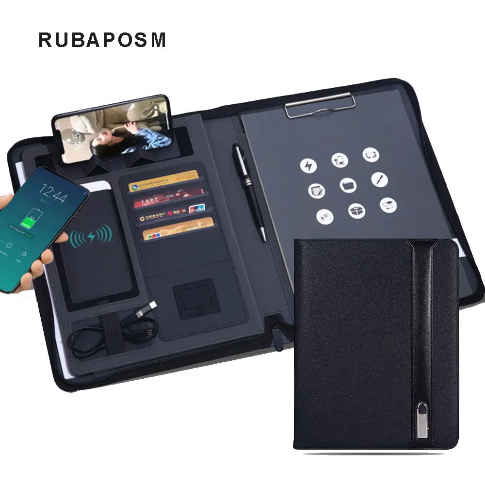 Office Padfolio A4 Wireless Charging Padfolio With 8000mah Power Bank & 16G U Disk & Notebook