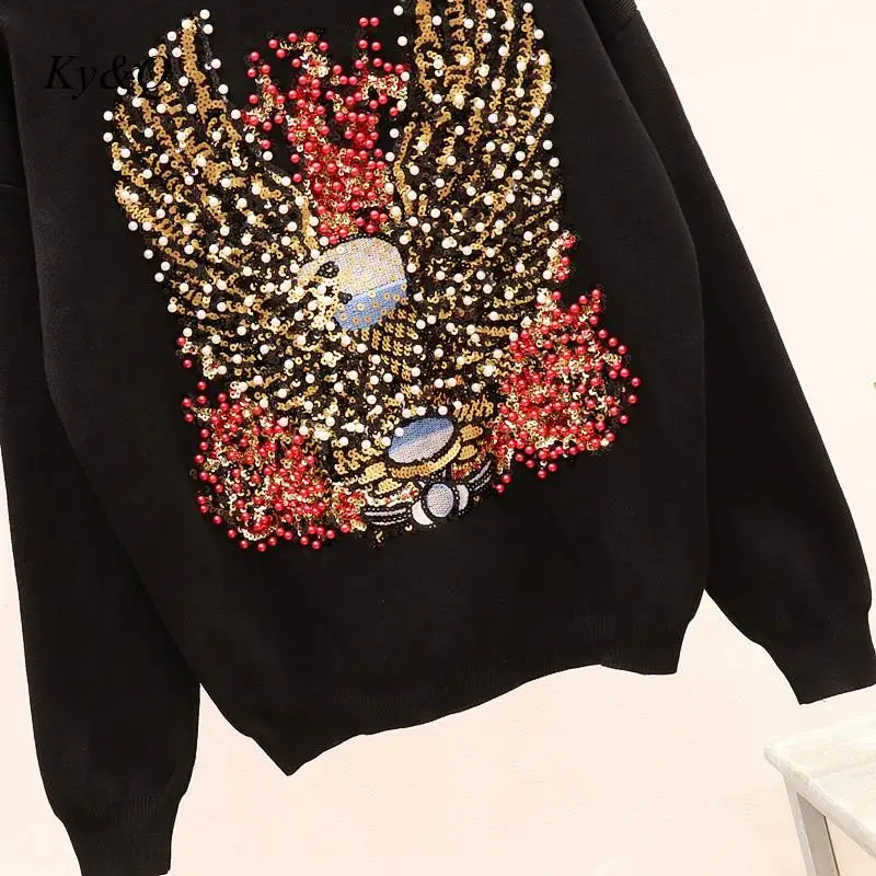 Брендовый дизайн, Зимний Рождественский Женский винтажный роскошный вязаный свитер с длинным рукавом, расшитый бисером и старым орлом, пуловер, 2 штуки
