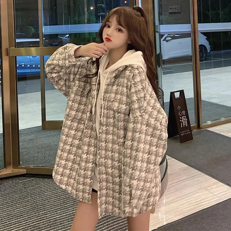 Korean Casual Thick Warm Women Jacket Winter Pocket Turn Down Collar Loose Long Sleeve outwear Coat