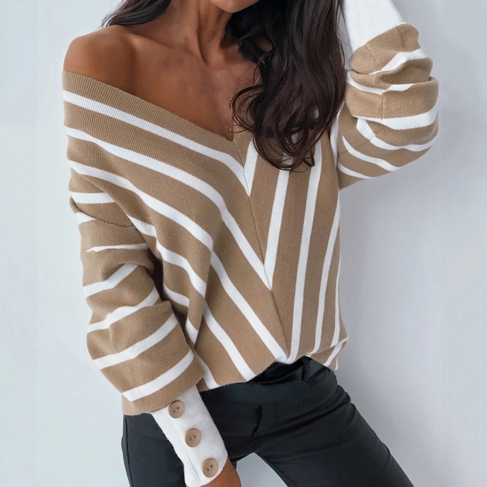Women Striped V Neck Shirt Button Puff Sleeve Blouses Tops New Arrival Autumn Black-White Stripes Off Shoulder Ladies Shirt
