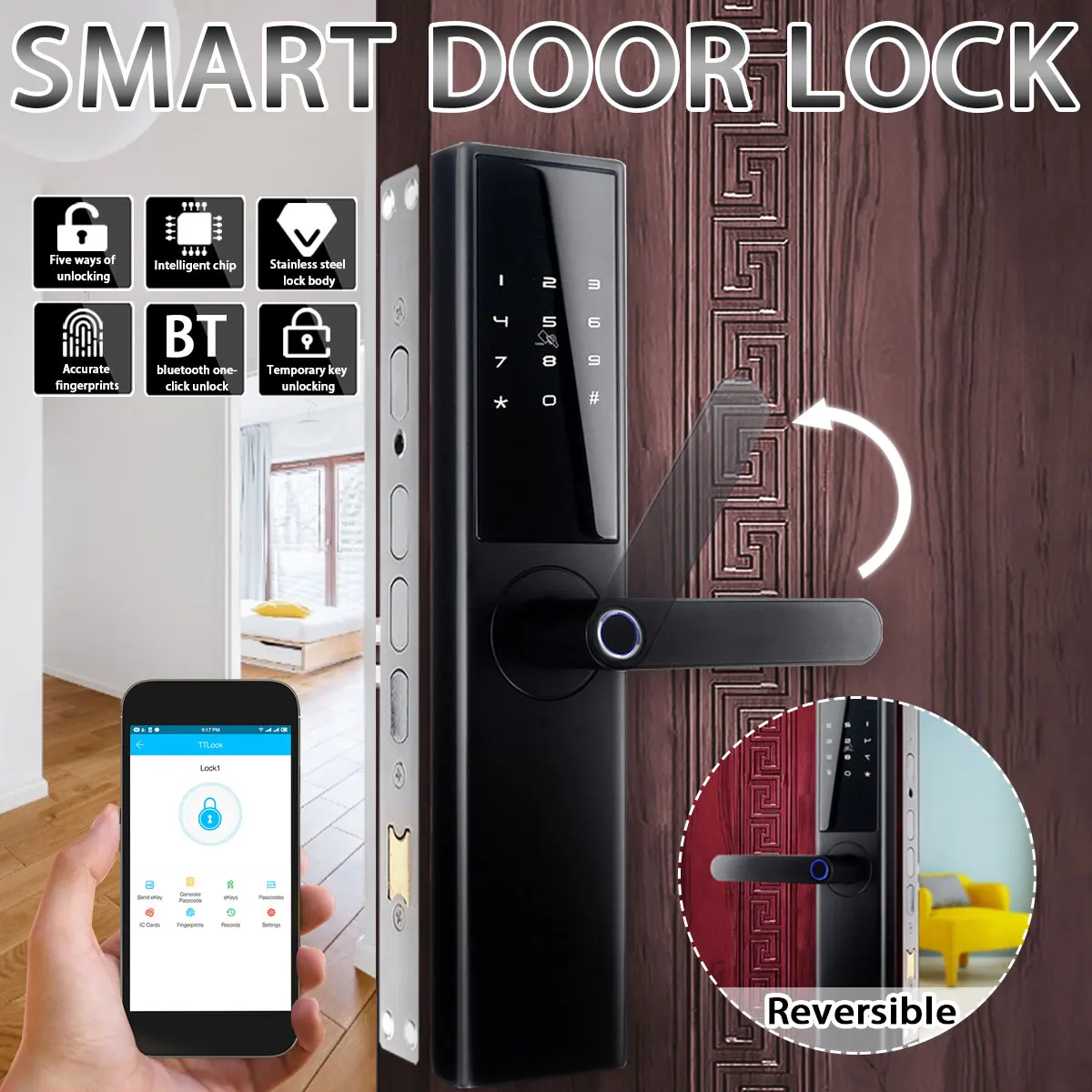 Cerradura Inteligente Con Huella Dactilar, WiFi Y Bluetooth - Desbloqueo Por App, Contraseña, Tarjeta O Llave - Para Puertas De 35-100 Mm Grosor