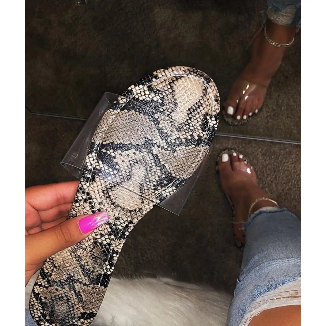 

Ladies Slippers Summer Flat Open Toe Fashion Transparent Personality Snakeskin Pattern Sexy Wild Walking Shoes women U24-44