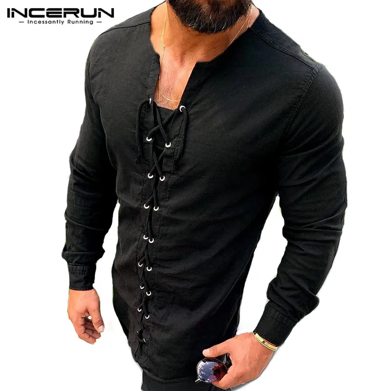 Kopen Incerun Mannen T shirt Vintage V hals Lace Up Effen Kleur Streetwear Casual Retro Ademend Camiseta Lange Mouw T shirt Mannen S 5XL