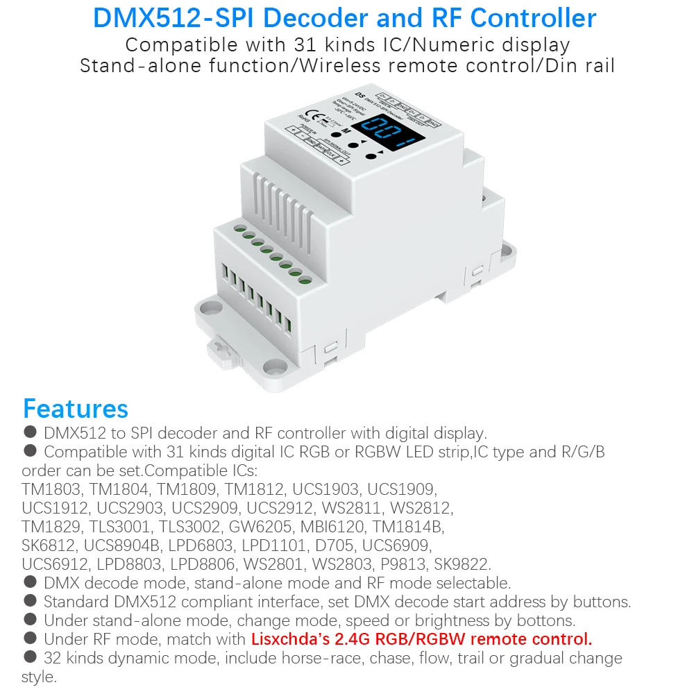 Преобразователь DMX512 в SPI декодер DMX 2 4G RF контроллер поддержка 6803/8806/2811/2812/2801 31 тип