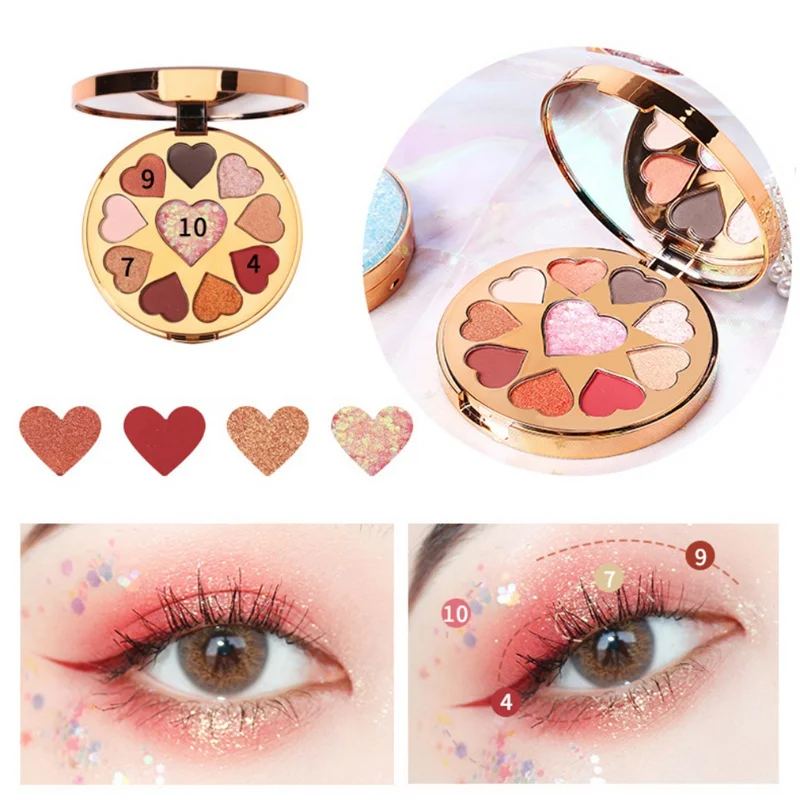 10-color Shimmer Eye Shadow Heart shape Sequin Eyeshadow Palette водостойкие