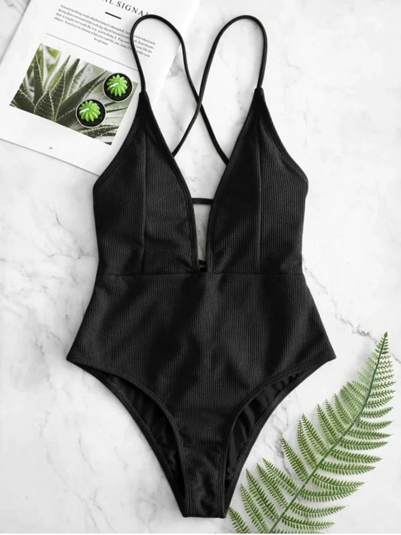 CPUTAN 2020 Brown Solid One piece Swimsuit Women Deep V neck Halter Backless Slim Monokini Girls New Cut Out Swimwear S-L