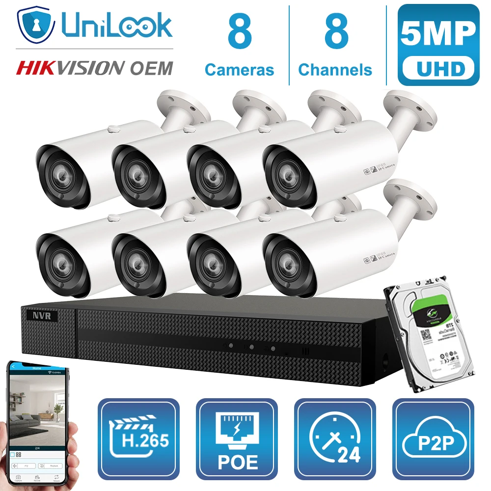 

UniLook 8CH NVR 4/6/8Pcs 5MP Bullet POE IP Camera 4X Zoom Outdoor Security system 2.8-12mm NVR Kit Night Vision H.265 Onvif P2P