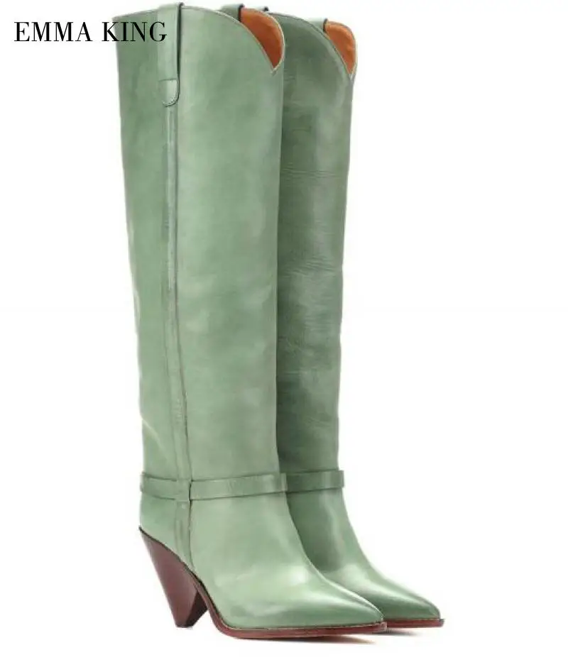 

2019 Autumn Winter Woman Light Green Long Boots Pointed Toe Spike Heels Knee High Women Boots V-open Shape Boots Lady Shoes