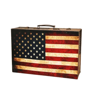 

Wooden Suitcase Flag Travel Wooden Storage Box Makeup Organizer Box Photography Props Treasure Chest Home Decoration M
