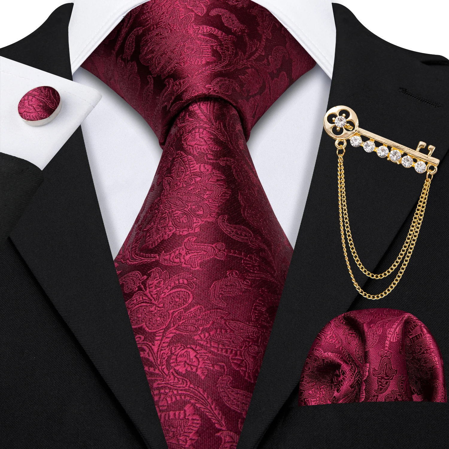 

Men Tie Red Floral Paisley High Quality Striped Jacquard 100% Silk Tie Necktie Handkerchief Cufflinks Brooch Set Wedding Party