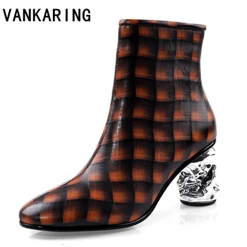 

red women shoes new fashion print leather sexy pointed toe ankle boots side zipper electroplated sculpture heel heel women boots