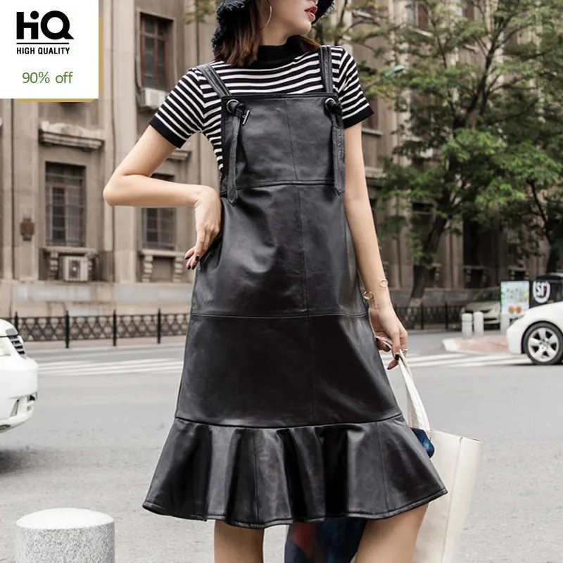 2020 Nieuwe Herfst Womens Dress Mode Echt Leer Stevige Jarretel Jurk Streetwear Casual Loose Fit Ruches Jurk M-3XL 2020 Nieuwe Herfst Womens Dress Mode Echt Leer Stevige Jarretel Jurk Streetwear Casual Loose Fit Ruches Jurk M-3XL