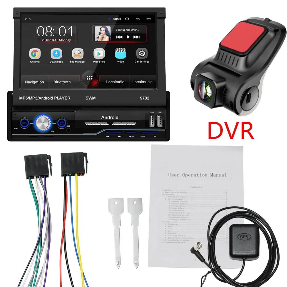 D9702 DVR 1 Din Android 8,1 Выдвижной Автомобильный DVD мультимедийный плеер 1DIN 7 ''сенсорный экран автомобильное радио gps Wifi Авторадио Bluetooth - Цвет: D9702 DVR