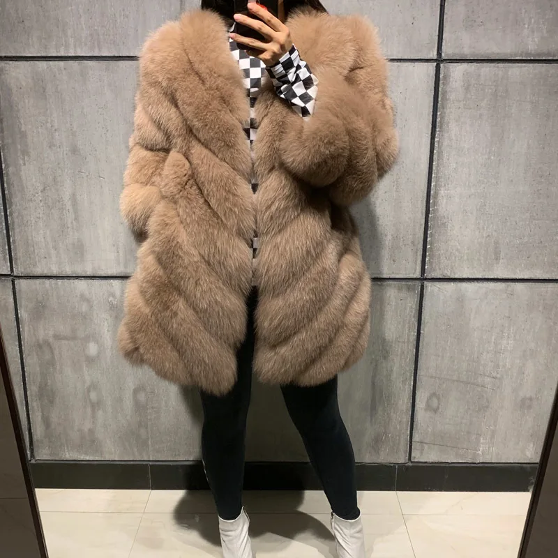 Натуральное меховое пальто для женщин, натуральное меховое пальто для женщин, длинное пальто из лисьего меха