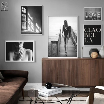 Billig Abstrakte Moderne Schatten Mädchen Leinwand Malerei Schwarz Weiß Salon LIEBE Poster Drucke Nordic Wand Kunst Bilder Wohnzimmer Wohnkultur
