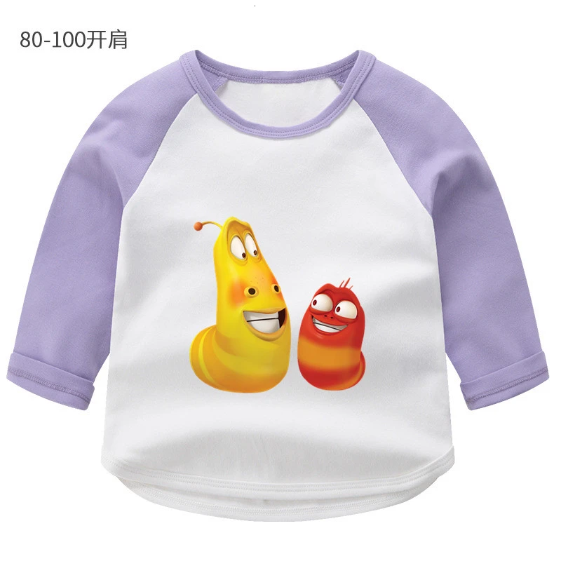 wholesale Animation Larva Summer O-Neck PRINT Tops Boys Girls splice color Long sleeve Children Cartoon T shirt Baby - Color: as picture