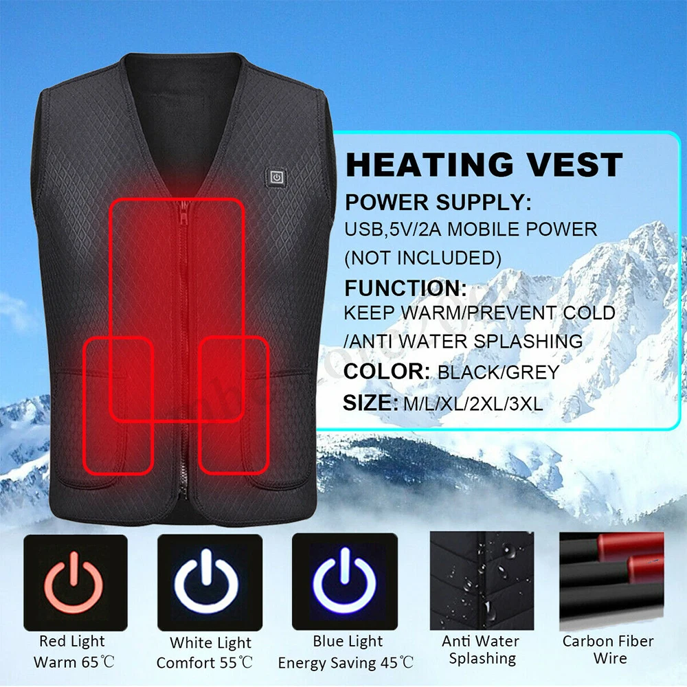 

Electric USB Winter Heated Warm Vest Men Women Heating Coat Jacket Flexible Electric Thermal Clothing Built-in 5 Pcs Heating US