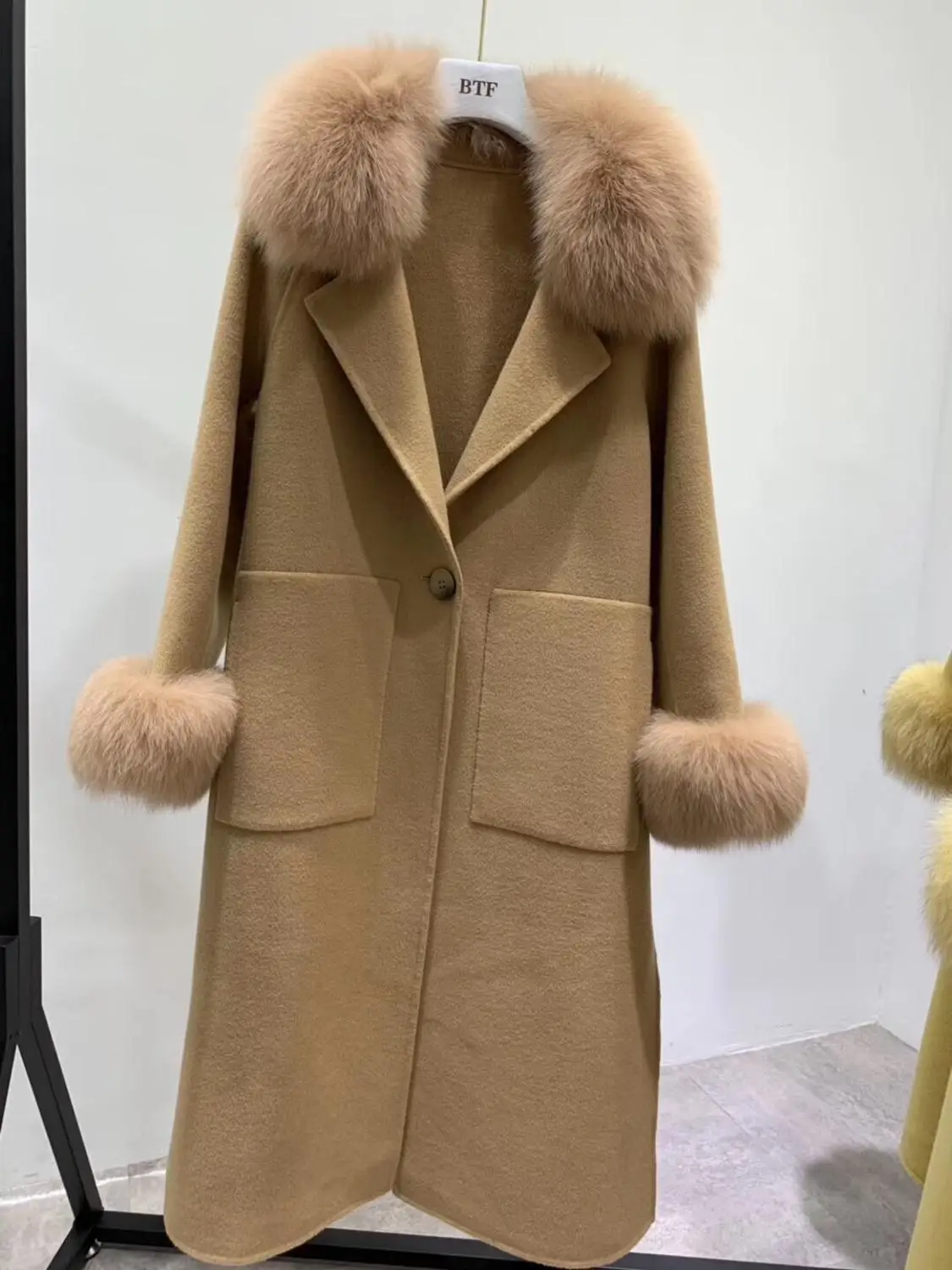 Высококачественное двухстороннее шерстяное пальто для женщин, Воротник из натурального Лисьего меха, манжеты, зимняя куртка, женские шерстяные пальто - Цвет: caramel color