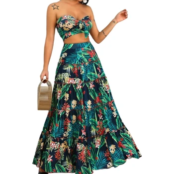 

Women Summer Bohemian Floral Dress Sleeveless Bandeau Crop Top + A-line Maxi Skirt Sweet Clothes Suits Beachwear /BY