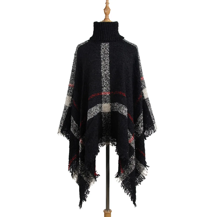 Новые осенние зимние женские винтажные пуловеры, свитер, Модный повседневный полосатый платок с кисточками, свитер с высоким воротником - Цвет: Черный