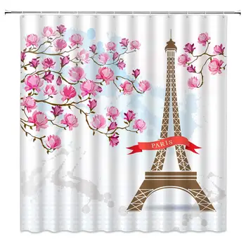 

Eiffel Tower Shower Curtain Watercolor Geometric Element Decor Magnolia Flowers Hanging on Twigs Romance Paris Design,Waterproof