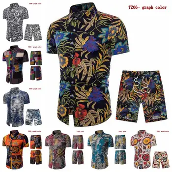 

2020 Men's New Fashion Casual Beach Party Lapel Digital Printed Short-Sleeved Shirt Set