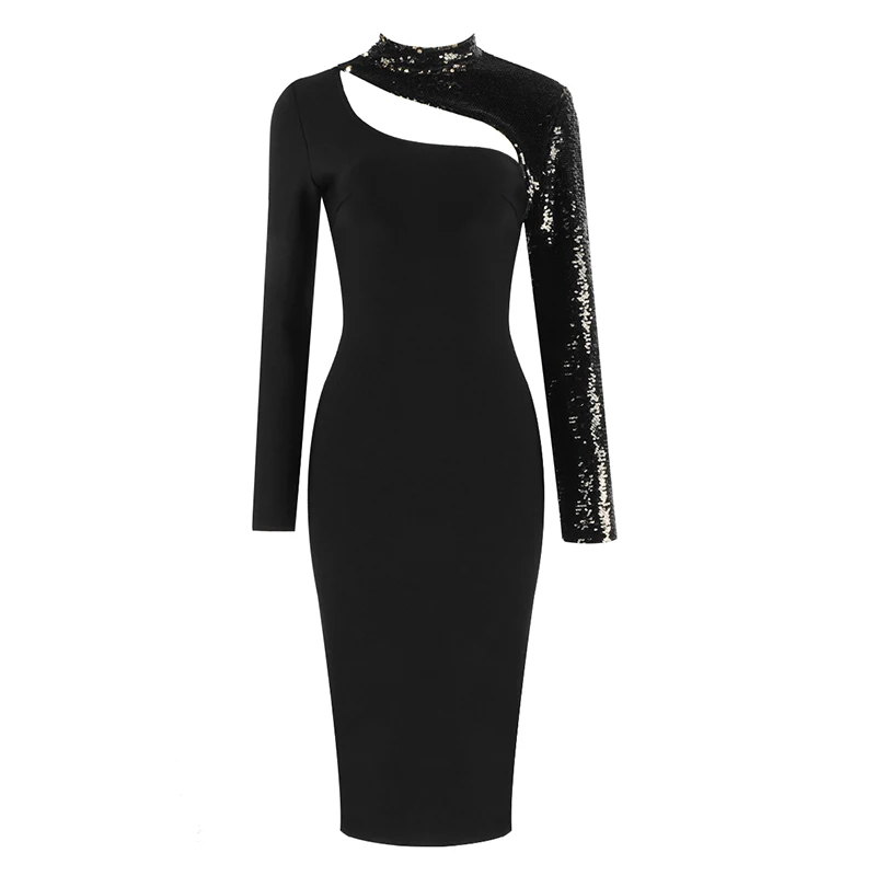 Женское сексуальное модное зимнее черное Бандажное платье с длинным рукавом и блестками, элегантные вечерние платья Vestido
