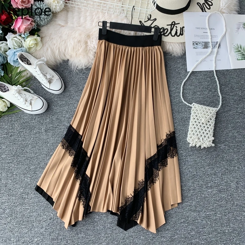 

Neploe Autumn Winter New High Waist A Line Pleated Skirt Elegant Lace Patchwork Wave Jupe Korean Mid Long Irregular Faldas 46166