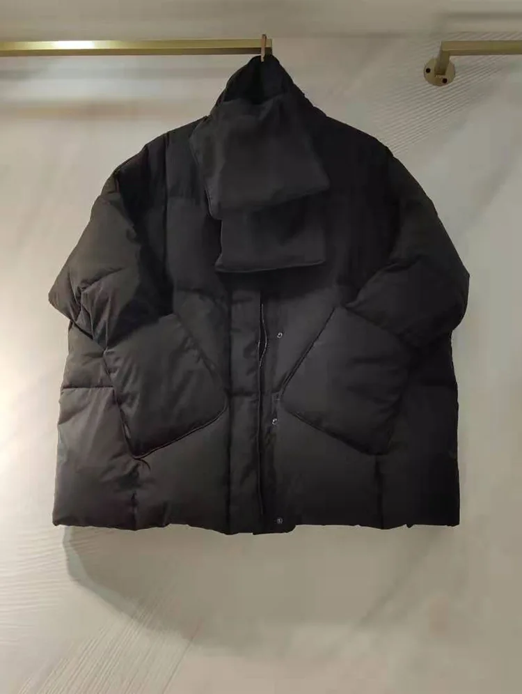 Ozhouzhan New Style Short-height Scarf Large Pocket Loose-Fit Mid-length down Jacket Coat Sweet down Coat