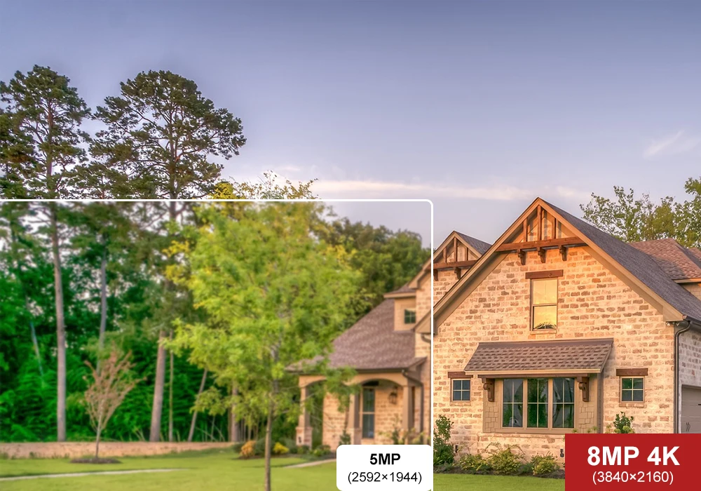 An Outdoor Surveillance Camera capturing an image of a house with trees in the background.