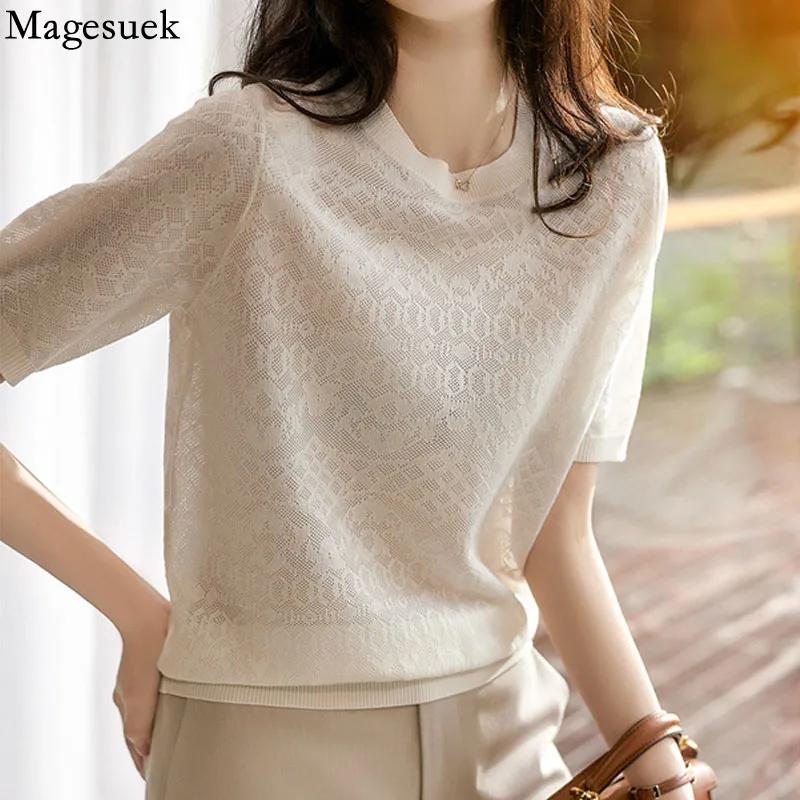 

Spring and Summer Bottoming Knitted Blouse Top New Ice Silk Perspective Thin White Shirt Streetwear Womens Clothing Blusas 14798