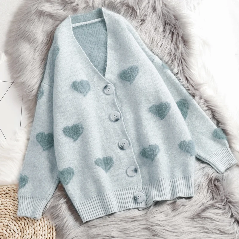 Baratos Suéter de cachemira Hirsionsan para mujer Otoño Invierno 2019 cárdigans tejidos corazón Kawaii ropa suelta de gran tamaño suave tirón caliente Mujer