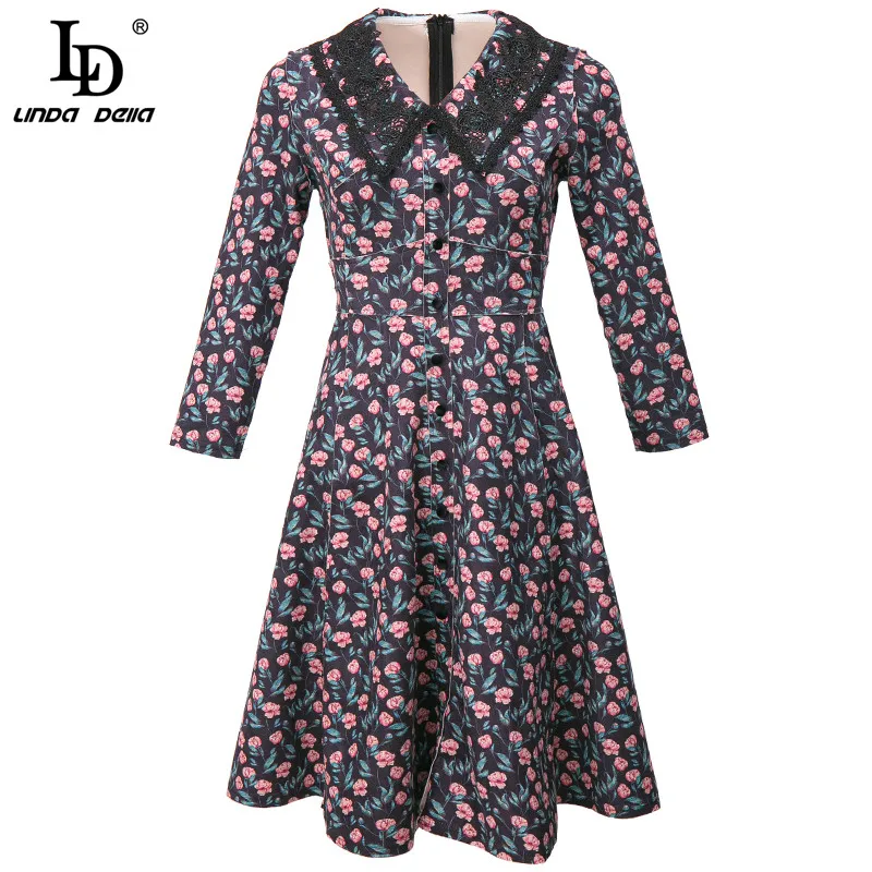 

LD LINDA DELLA Fashion Runway Autumn Mini Dress Women V-Neck Black lace patchwork Floral print Shirt Ladies Vintage Party Dress
