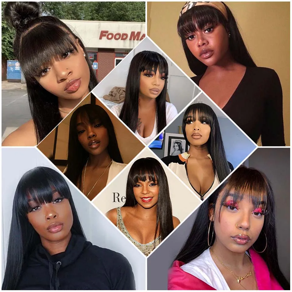 Straight Wig With Bangs Fringe Full Machine Made Bob Human Hair Wigs For Women Brazilian Remy Glueless Natural Black Fringe Wig