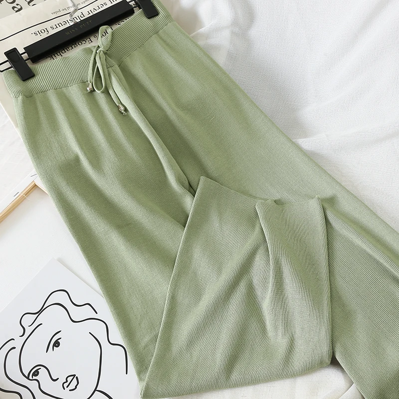 Новые корейские модные женские штаны осень-зима трикотажные широкие брюки с эластичной высокой талией женские повседневные свободные брюки S2078 - Цвет: Зеленый