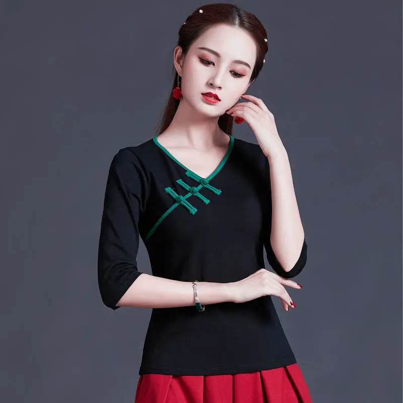 Cheongsam Women's Plus Size Short Tops Summer Cotton Blend Button Splicing Cheongsam Slim fit Chinese Qipao Shirts Woman