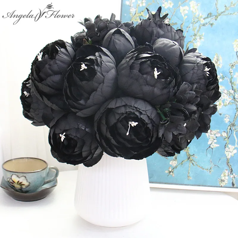 ASSR - Peonie artificiali in seta, 6 pezzi, peonie nere finte a ramo singolo, lunghi e lunghi