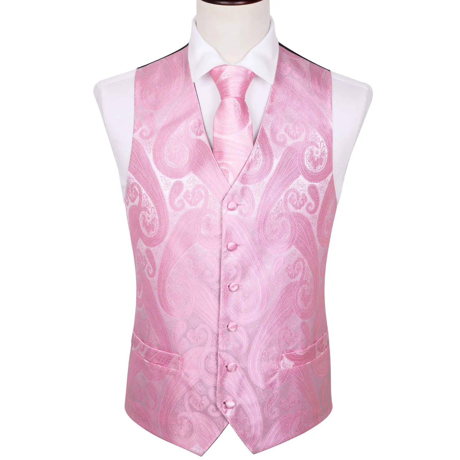 Mens Silk Vest Classic Party Wedding Pink Paisley Solid Floral Waistcoat Vest Pocket Square Tie Slim Suit Set Barry.Wang BM-2010