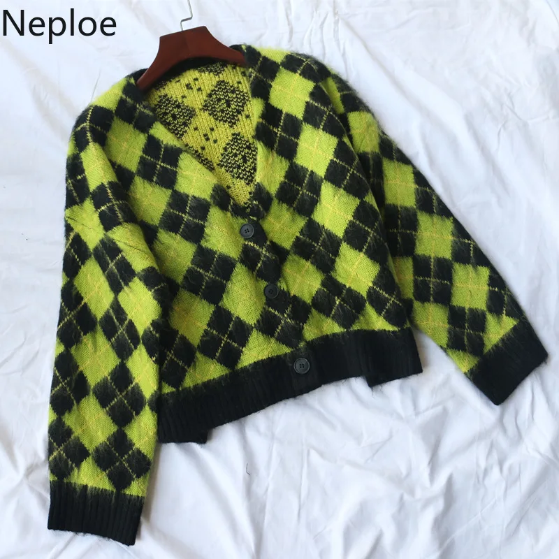 Neploe, кардиганы с шахматным узором, женская мода, v-образный вырез, пуговицы, Короткие вязаные кардиганы, мягкие пушистые Топы с длинным рукавом, 80291