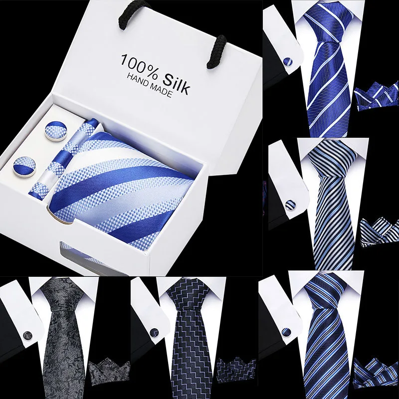 

Luxury 8cm 100% Silk Handkerchief Cuffink Ties Set Polyester Jacquard Neckties Blue Stripe Necktie Accessories Mens Ties Wedding