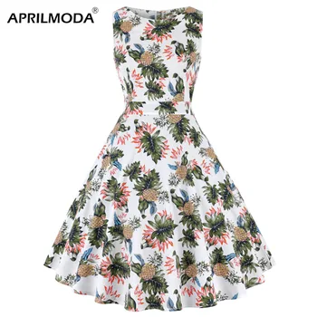 

2019 Pineapple Print Vintage Hepburn Dress Women Plus Size Summer Dress Retro 50s Rockbilly Pinup Big Swing Casual Party Dresses