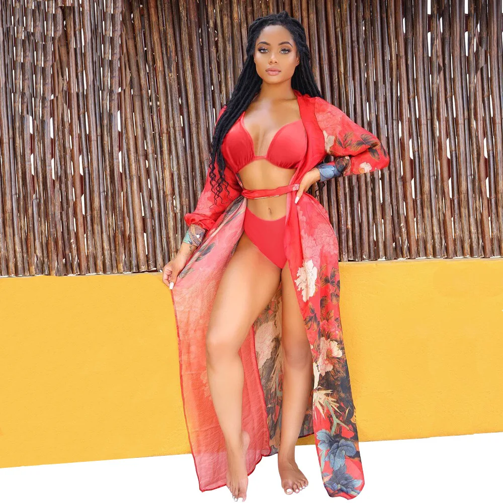 3Pcs Super Push Up High Waisted Bikini Set And Chiffon Swimsuit Cover Up  Sexy Floral Printed Sashes Swimwear Women Beachwear - купить по выгодной  цене | AliExpress